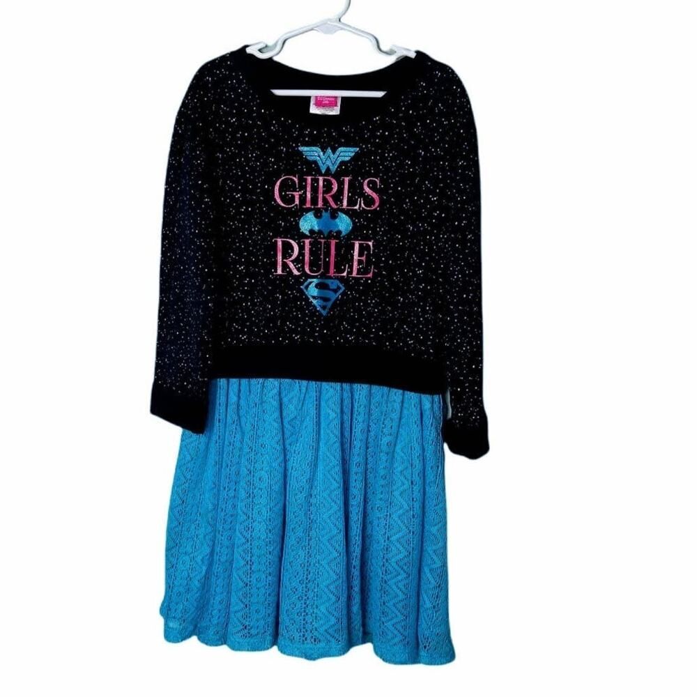 DC COMICS Girls Dress Black Blue Super Hero Speckled Long Sleeve Sz L (10/12)‎